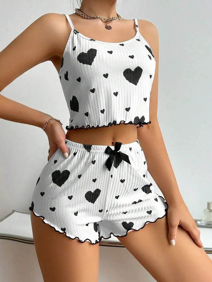 Pajama Set Breathable Soft Casual Love Printed Design Sweet Home Strap Shorts Pajamas