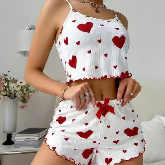 Pajama Set Breathable Soft Casual Love Printed Design Sweet Home Strap Shorts Pajamas