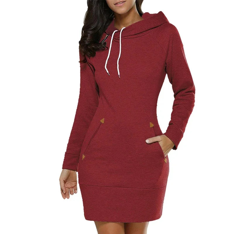 Knee-Length Pockets Dress Hooded Fashion Sweat Shirt Long Sleeve Side Zip Simplicity Casual Sports Skirt