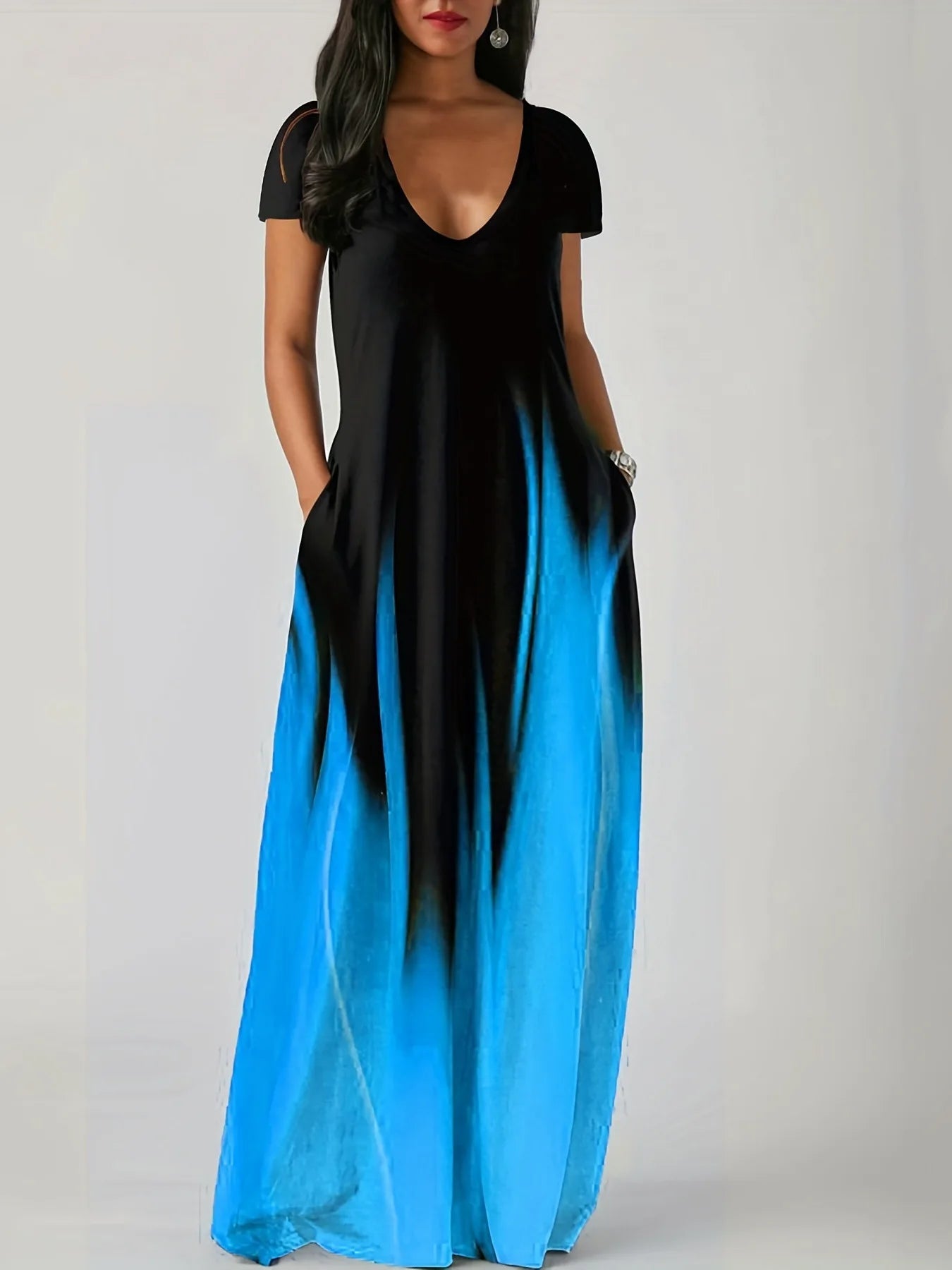 Loose Print Casual Women's Dress Pocket Long Dress