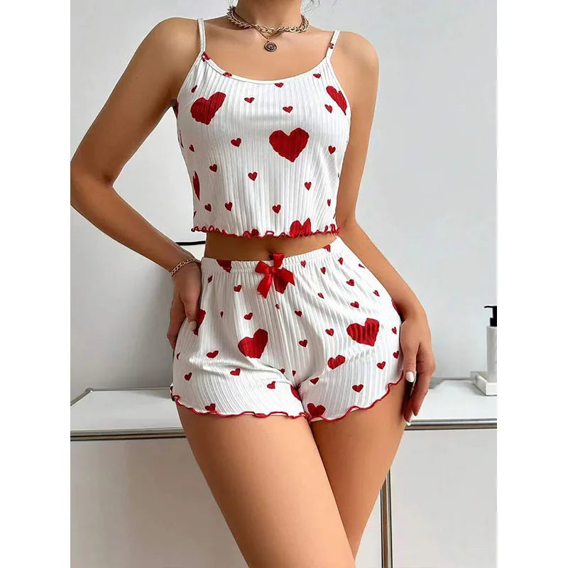 Pajama Set Breathable Soft Casual Love Printed Design Sweet Home Strap Shorts Pajamas