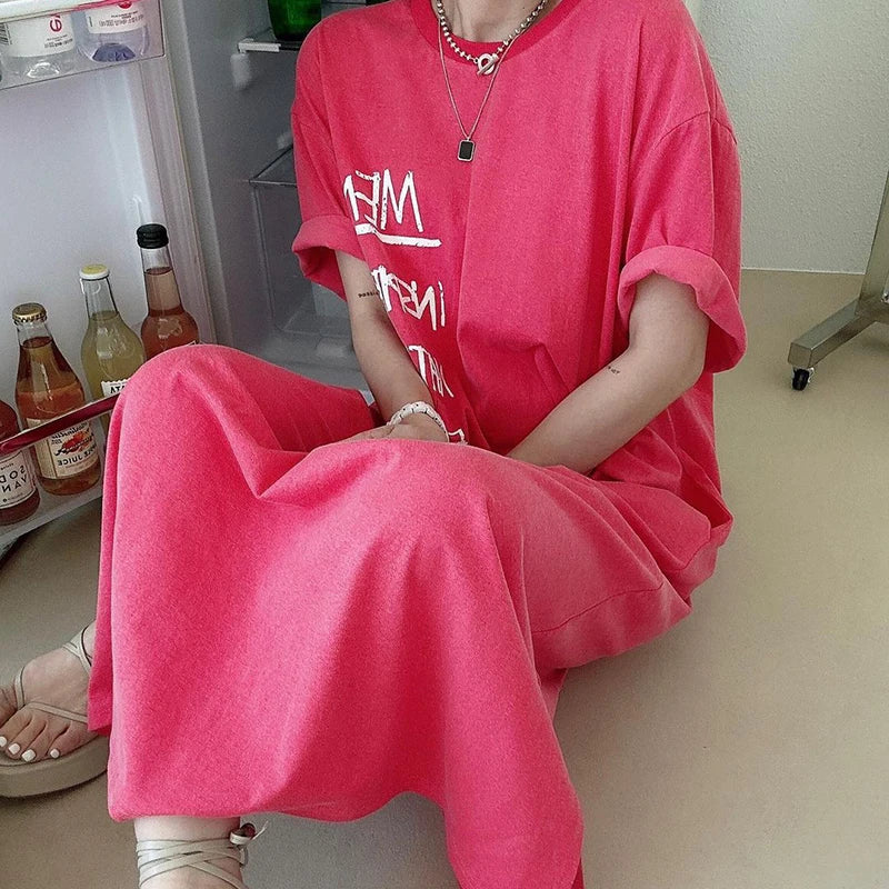Fashion O-Neck Pockets Printed Letter Loose Casual Dress Oversized Long Dress