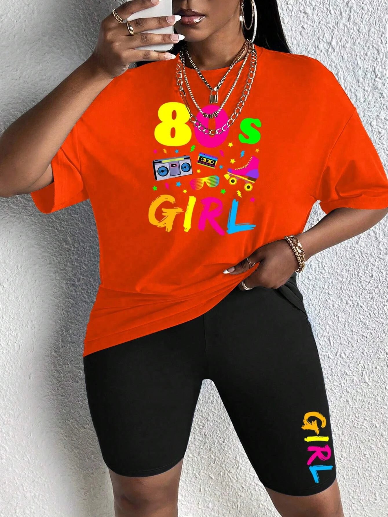 80 S Girl Colorful Printing T Shirts Two Piece Set Fashion Casual Short Sets Comfortable Breathable Shirt Shorts