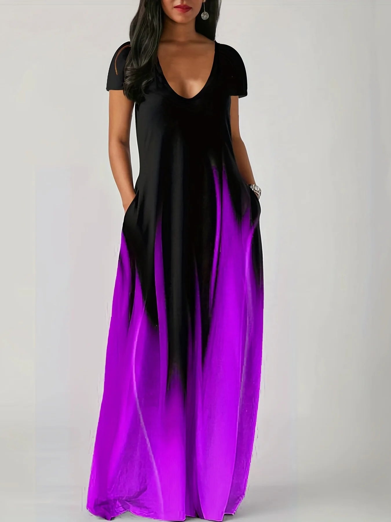 Loose Print Casual Women's Dress Pocket Long Dress