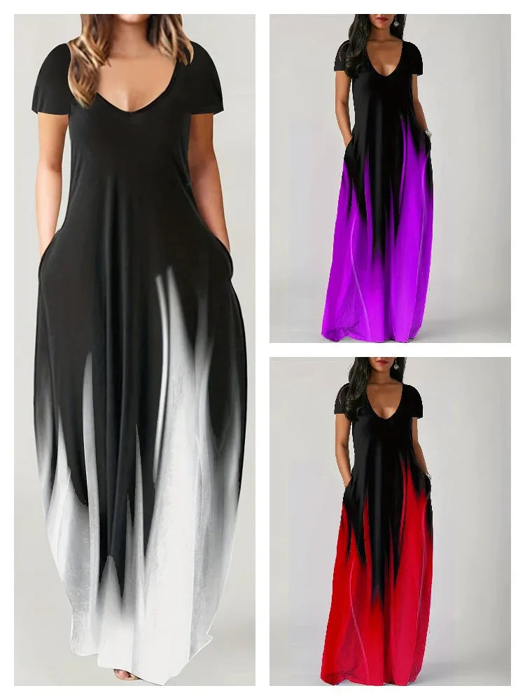 Loose Print Casual Women's Dress Pocket Long Dress