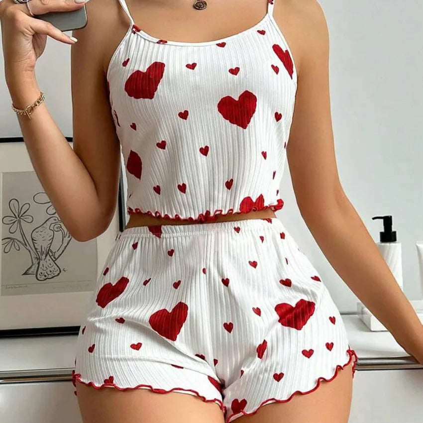Pajama Set Breathable Soft Casual Love Printed Design Sweet Home Strap Shorts Pajamas