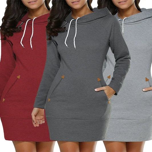 Knee-Length Pockets Dress Hooded Fashion Sweat Shirt Long Sleeve Side Zip Simplicity Casual Sports Skirt