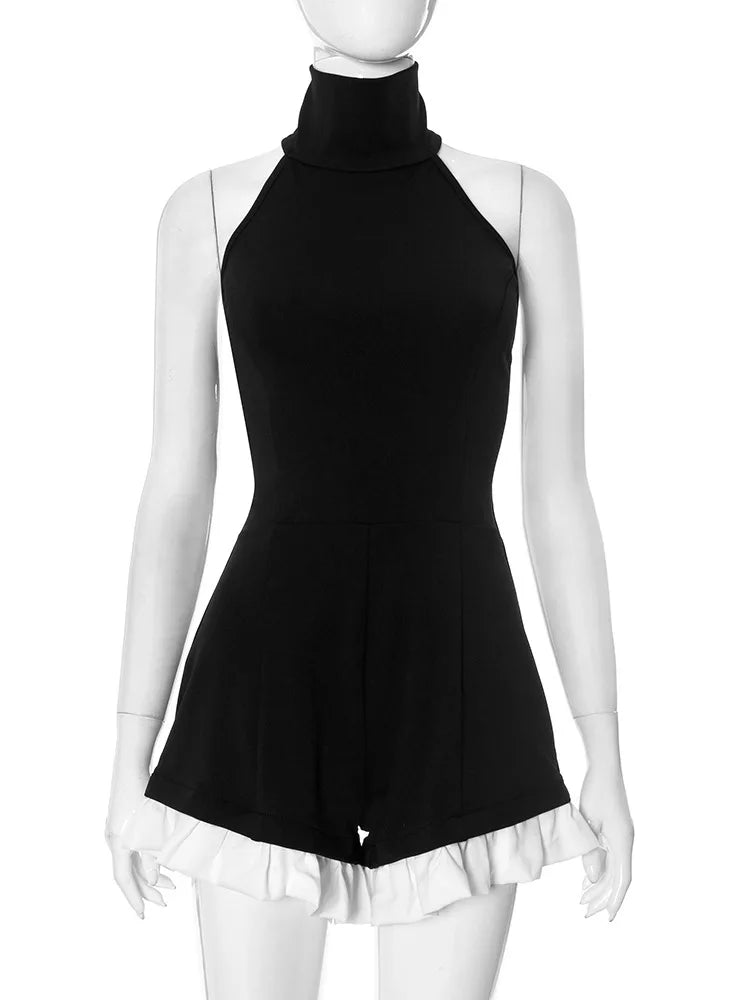 Contrast Ruffled Jumpsuit Sleeveless Rompers Fashion Splice Casual High Waist Playsuits