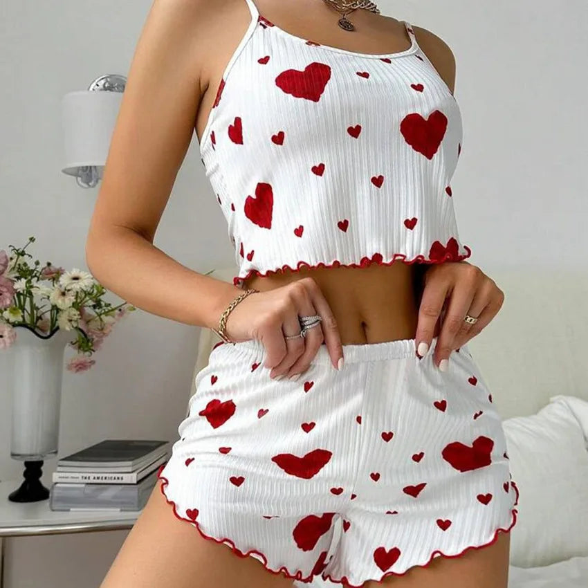 Pajama Set Breathable Soft Casual Love Printed Design Sweet Home Strap Shorts Pajamas