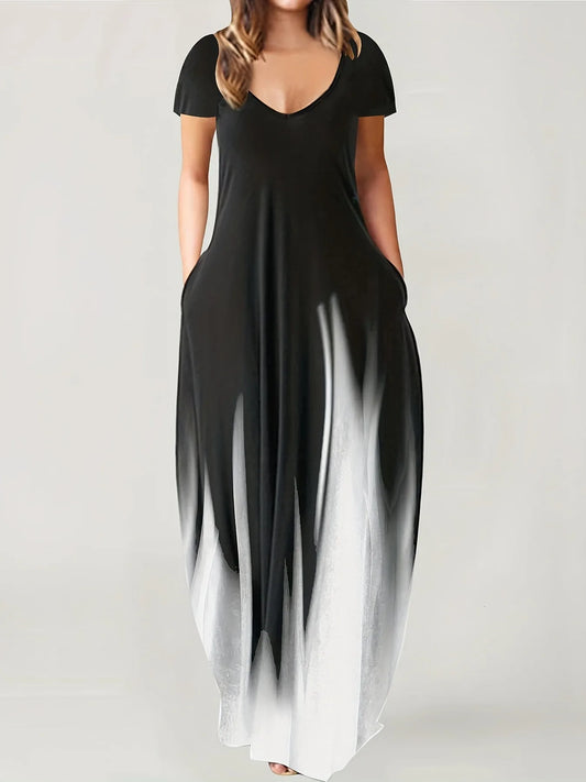 Loose Print Casual Women's Dress Pocket Long Dress