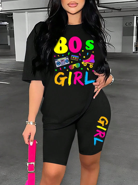 80 S Girl Colorful Printing T Shirts Two Piece Set Fashion Casual Short Sets Comfortable Breathable Shirt Shorts