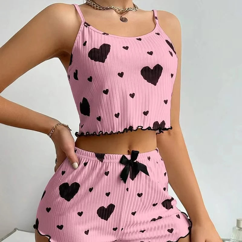 Pajama Set Breathable Soft Casual Love Printed Design Sweet Home Strap Shorts Pajamas