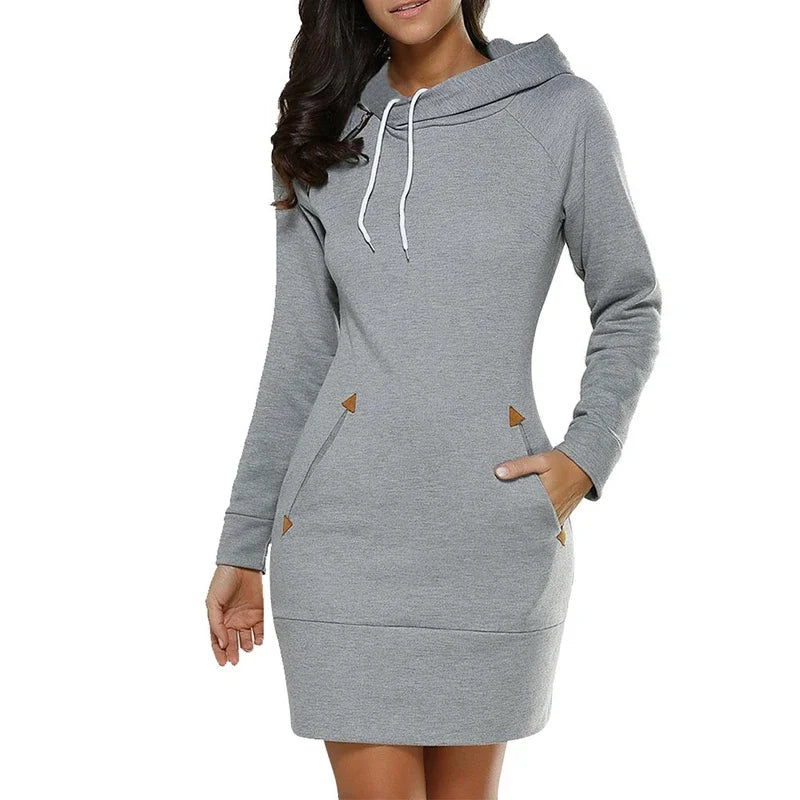 Knee-Length Pockets Dress Hooded Fashion Sweat Shirt Long Sleeve Side Zip Simplicity Casual Sports Skirt