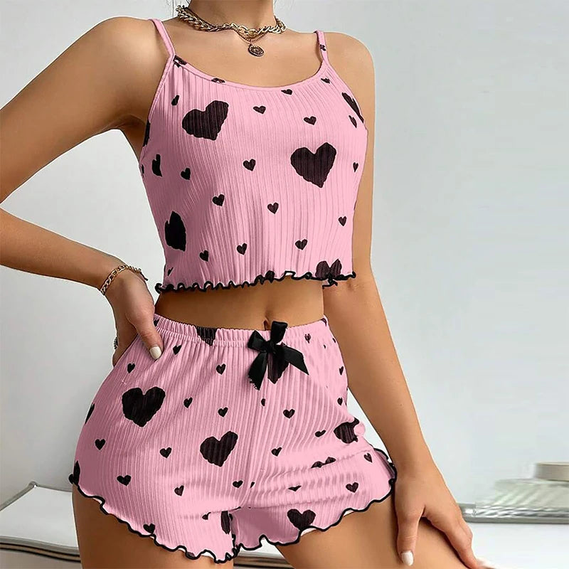 Pajama Set Breathable Soft Casual Love Printed Design Sweet Home Strap Shorts Pajamas