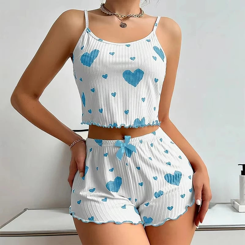 Pajama Set Breathable Soft Casual Love Printed Design Sweet Home Strap Shorts Pajamas