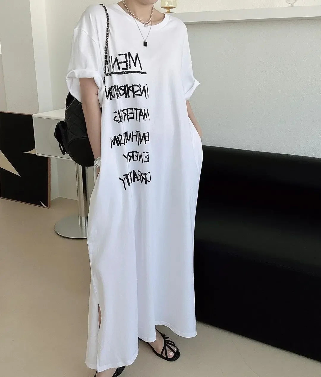 Fashion O-Neck Pockets Printed Letter Loose Casual Dress Oversized Long Dress