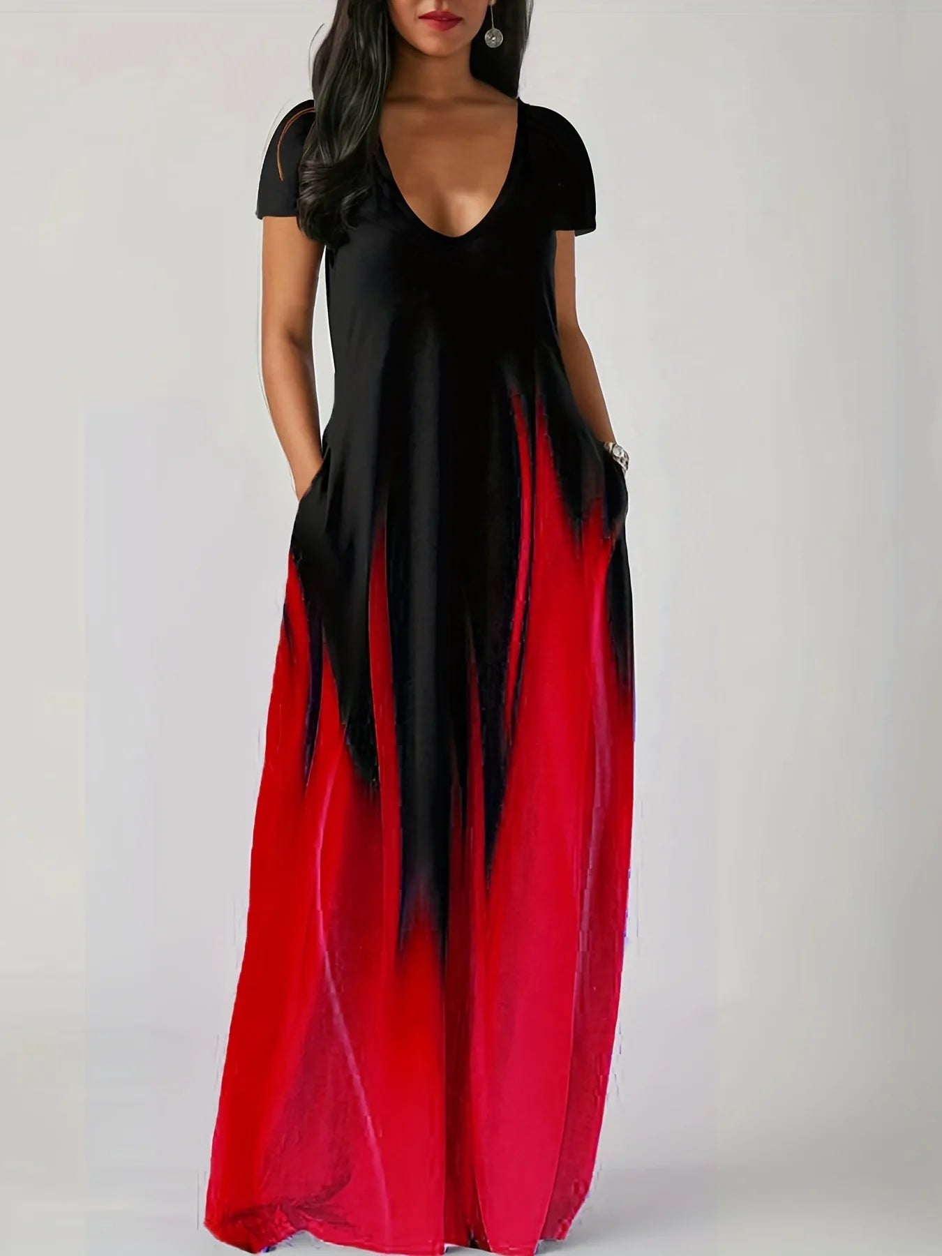 Loose Print Casual Women's Dress Pocket Long Dress