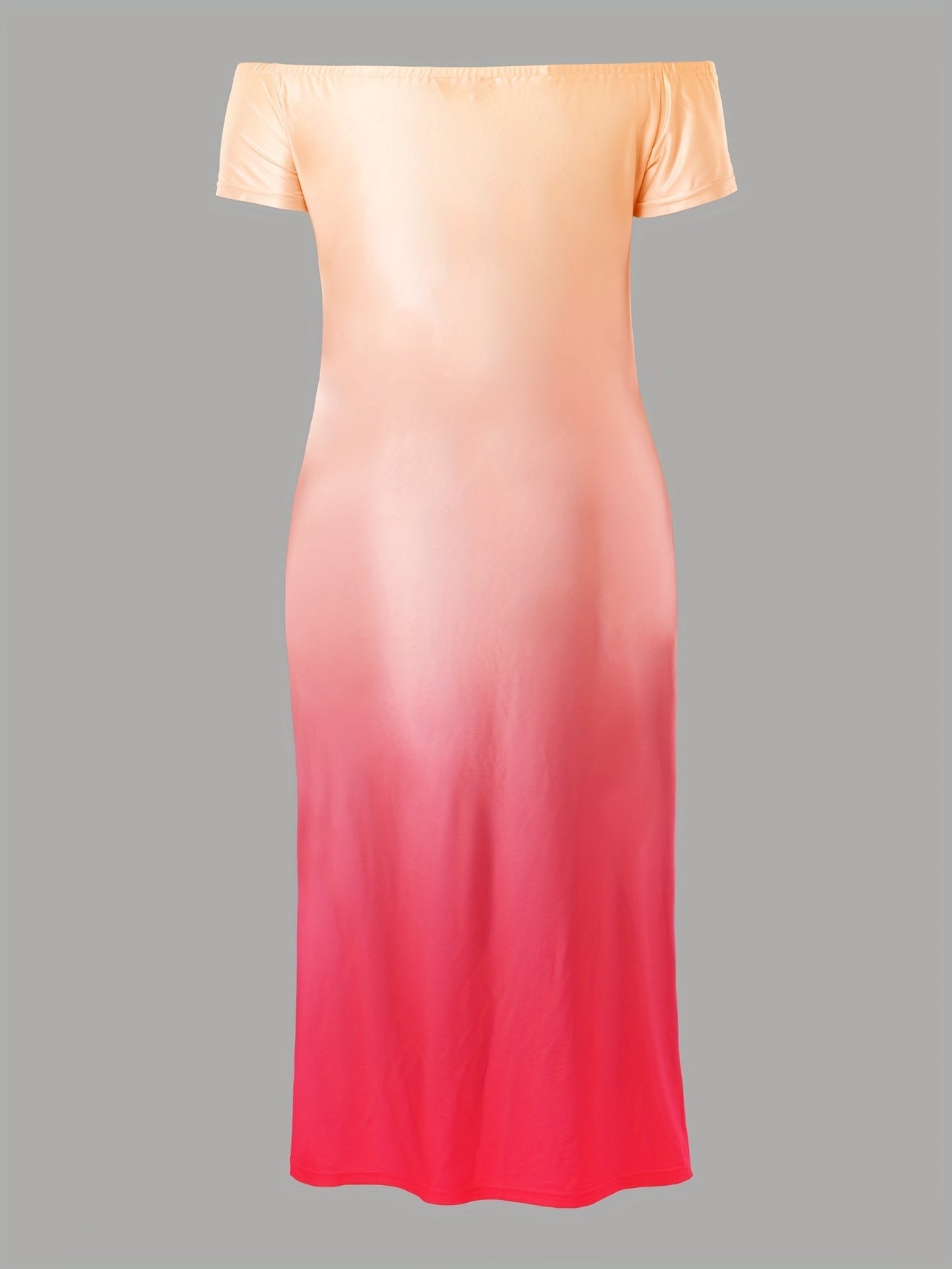 Casual Summer Dress, Letter & Ombre Print Short Sleeve Off Shoulder Slight Stretch Maxi Dress With Pockets