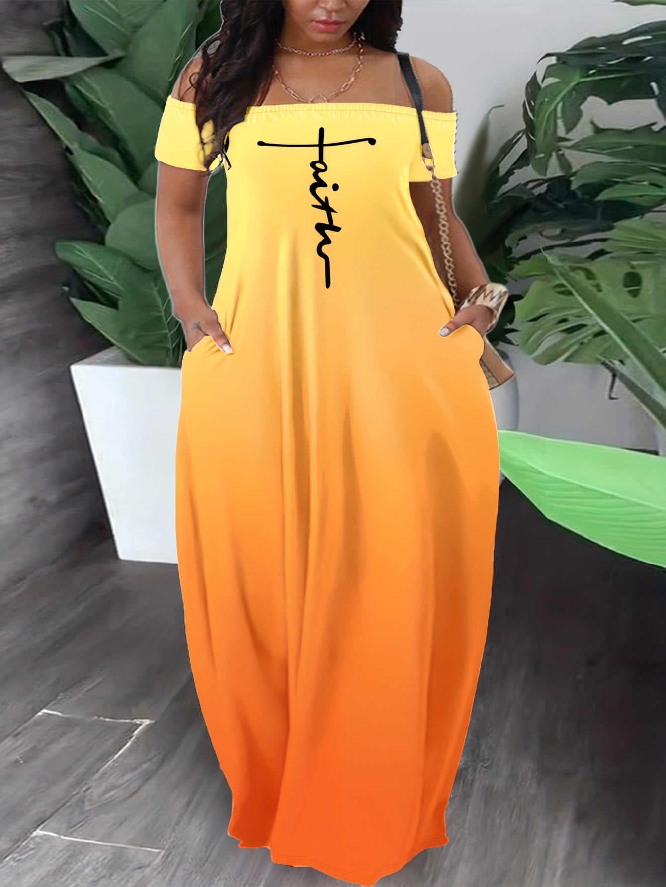 Casual Summer Dress, Letter & Ombre Print Short Sleeve Off Shoulder Slight Stretch Maxi Dress With Pockets