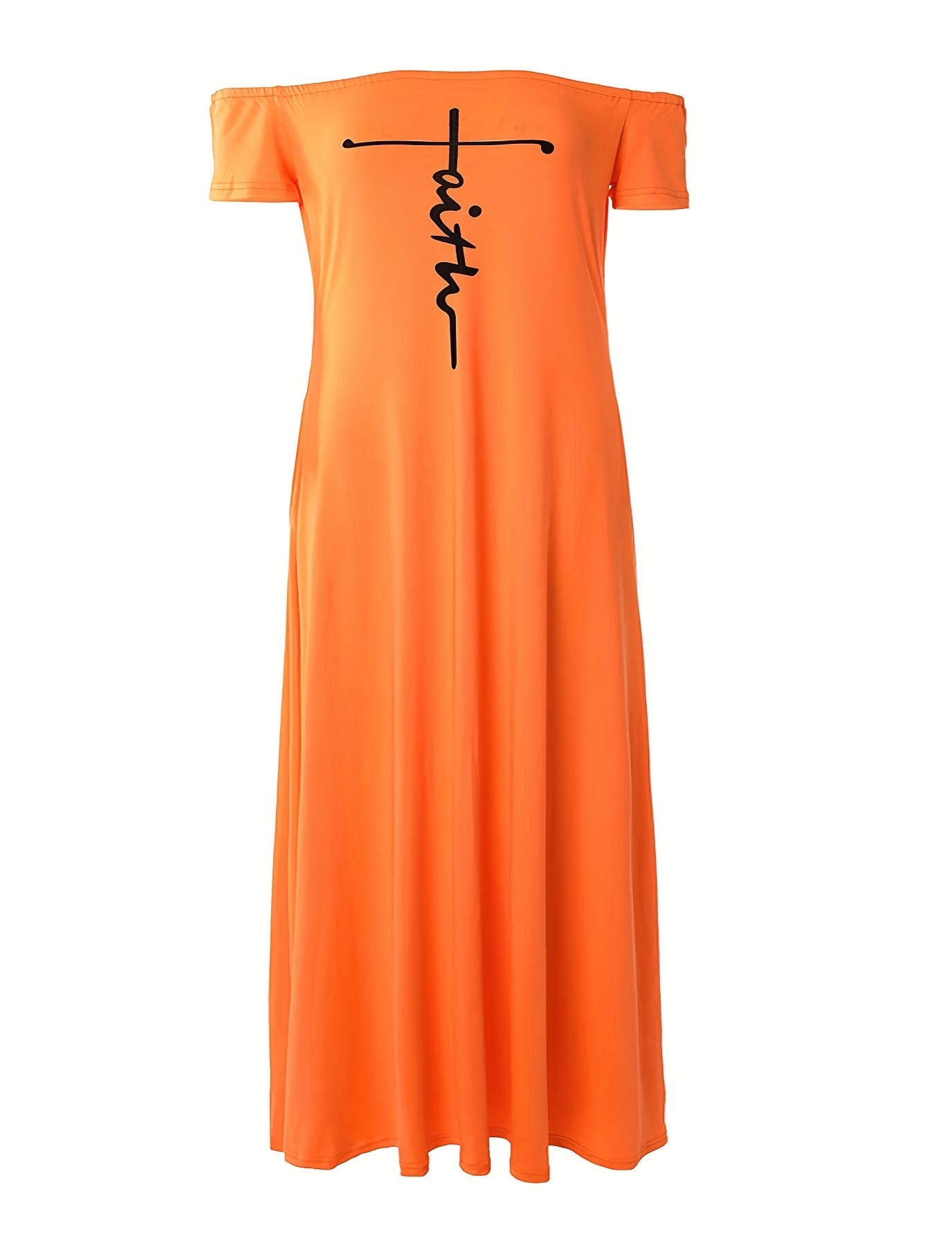 Casual Dress Cross Letter Print Off Shoulder Short Sleeve Maxi Dress With Pockets