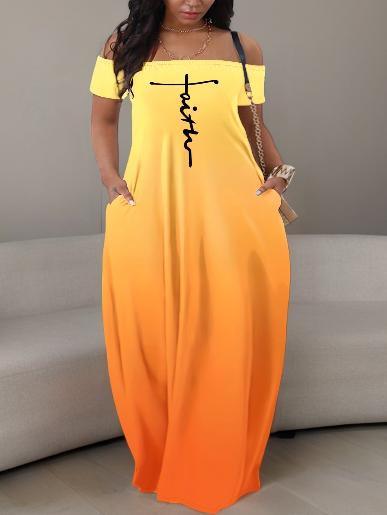 Casual Summer Dress, Letter & Ombre Print Short Sleeve Off Shoulder Slight Stretch Maxi Dress With Pockets