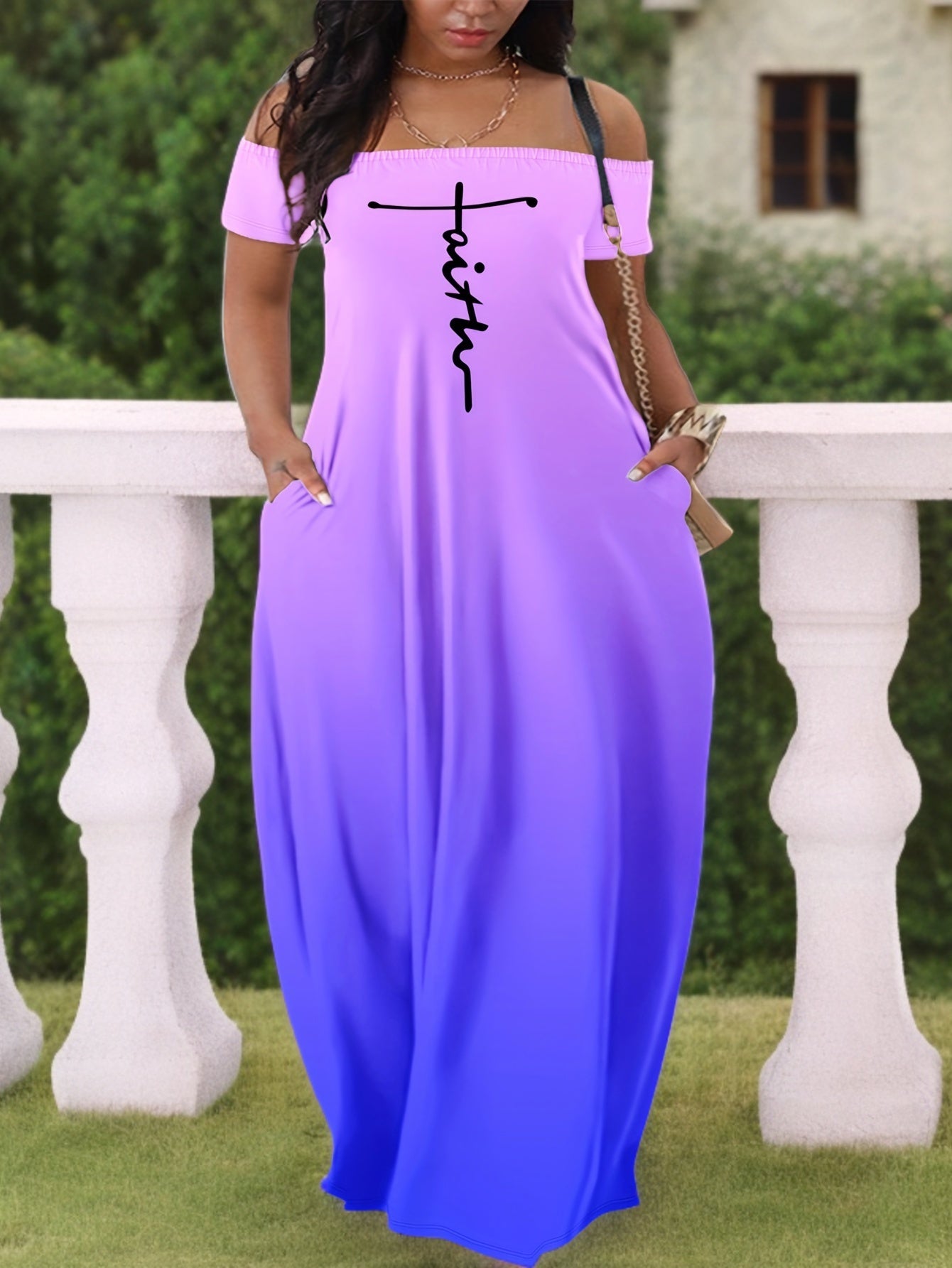 Casual Summer Dress, Letter & Ombre Print Short Sleeve Off Shoulder Slight Stretch Maxi Dress With Pockets