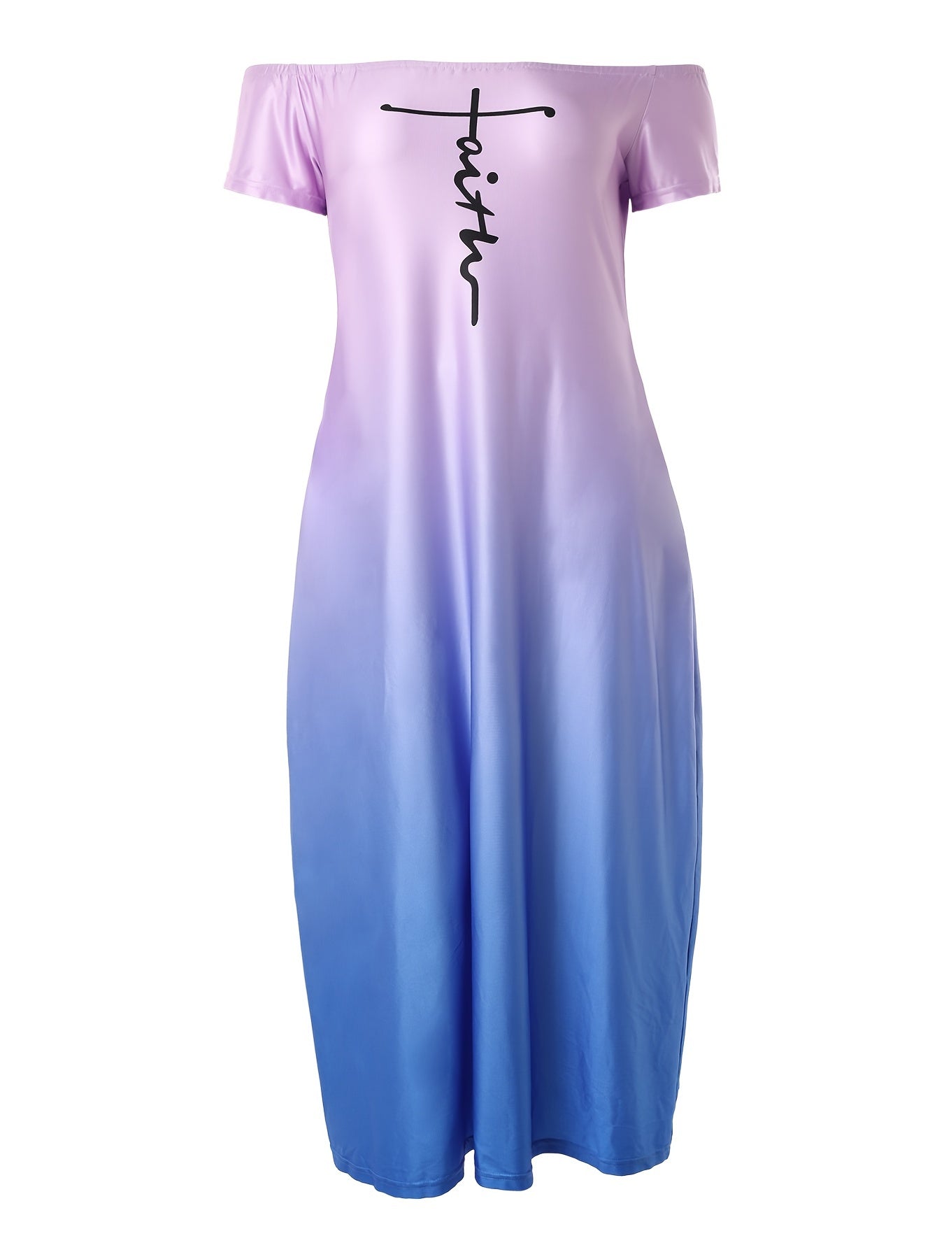 Casual Summer Dress, Letter & Ombre Print Short Sleeve Off Shoulder Slight Stretch Maxi Dress With Pockets
