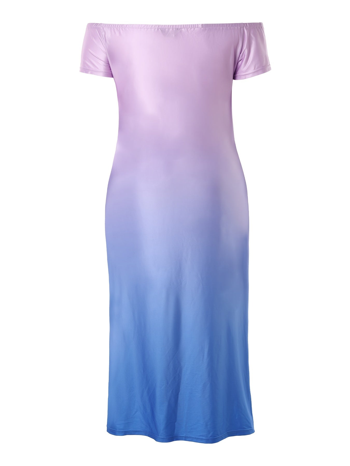 Casual Summer Dress, Letter & Ombre Print Short Sleeve Off Shoulder Slight Stretch Maxi Dress With Pockets