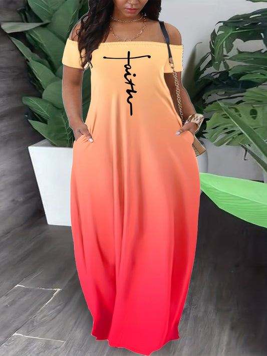 Casual Summer Dress, Letter & Ombre Print Short Sleeve Off Shoulder Slight Stretch Maxi Dress With Pockets
