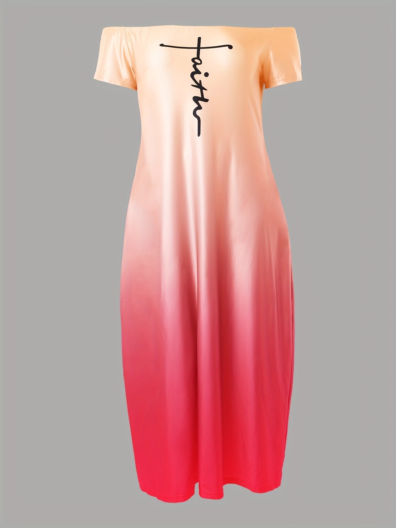Casual Summer Dress, Letter & Ombre Print Short Sleeve Off Shoulder Slight Stretch Maxi Dress With Pockets