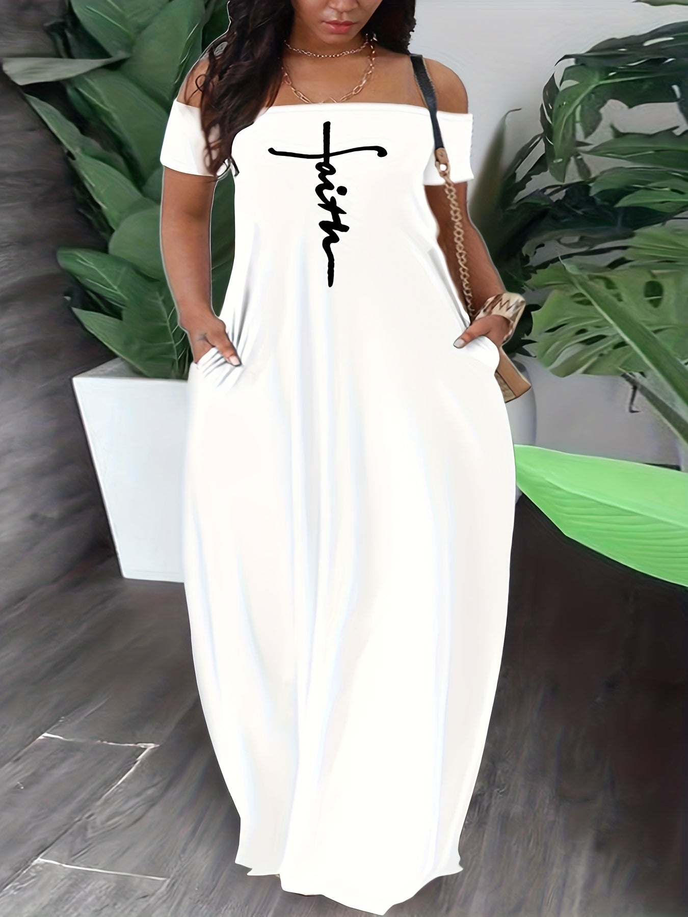Casual Dress Cross Letter Print Off Shoulder Short Sleeve Maxi Dress With Pockets
