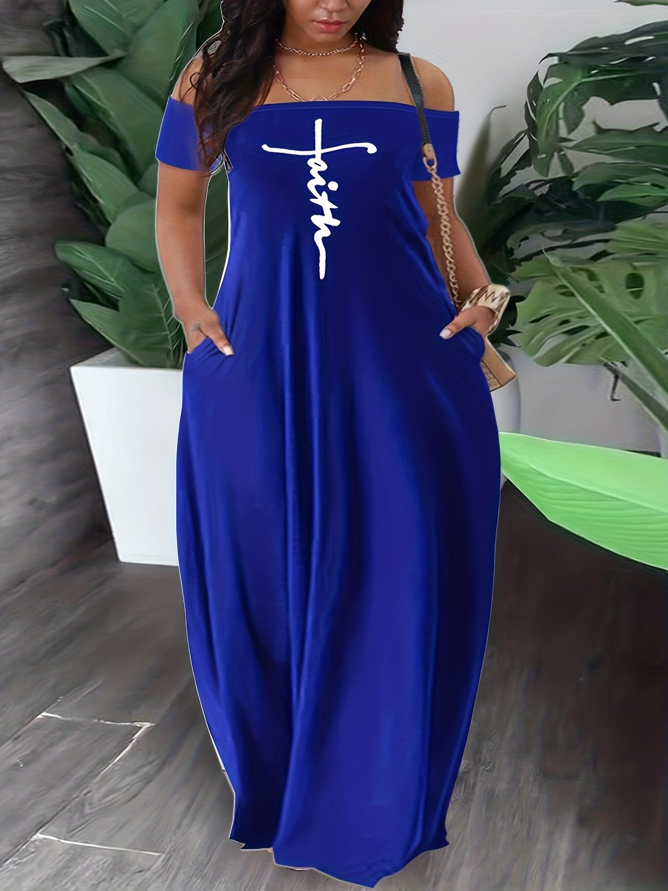 Casual Dress Cross Letter Print Off Shoulder Short Sleeve Maxi Dress With Pockets