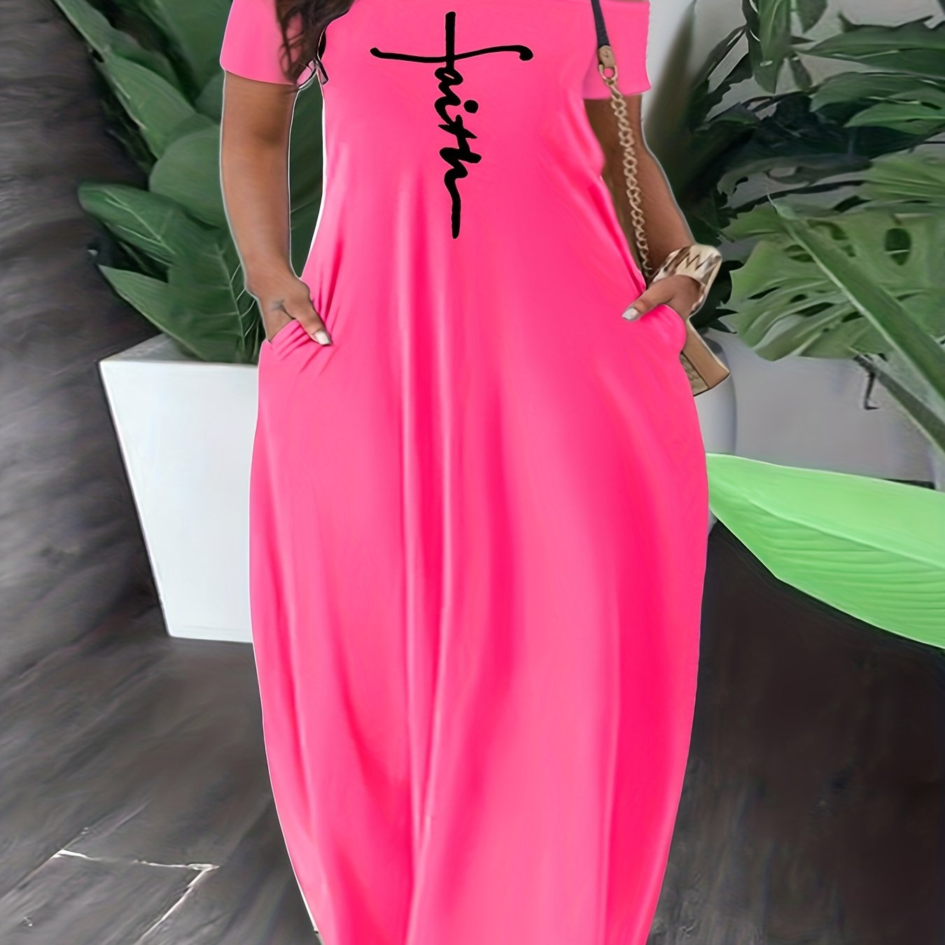 Casual Dress Cross Letter Print Off Shoulder Short Sleeve Maxi Dress With Pockets