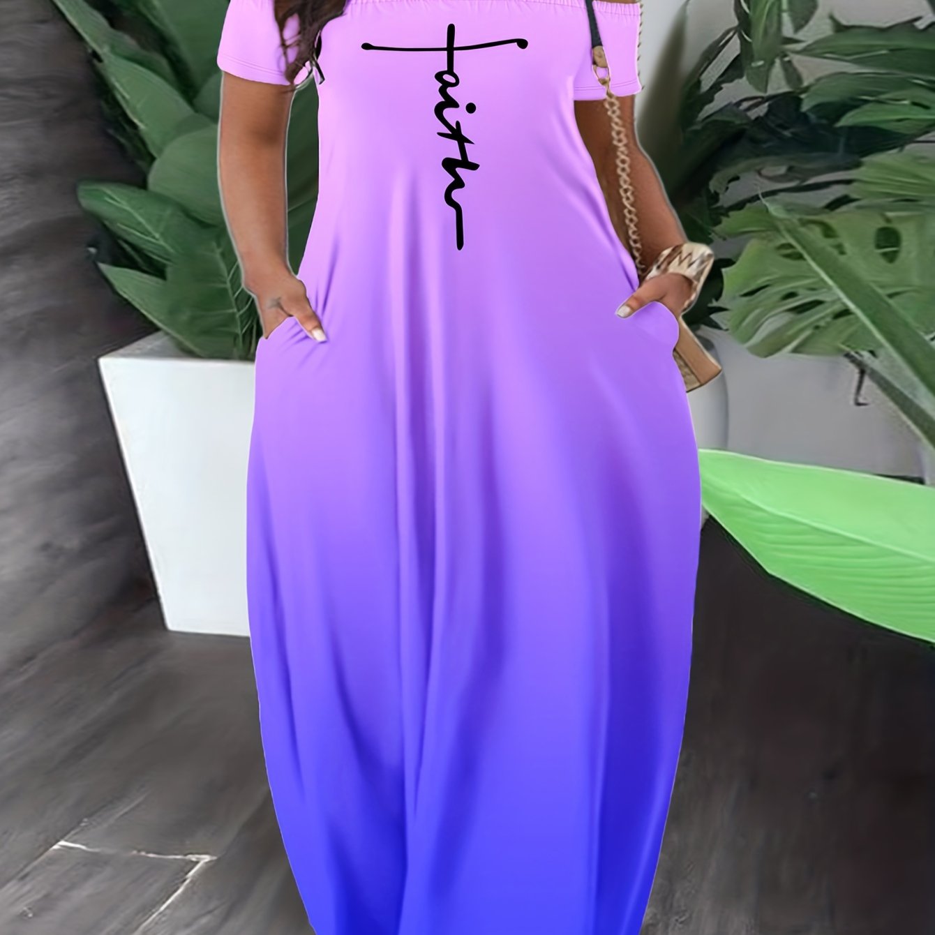 Casual Summer Dress, Letter & Ombre Print Short Sleeve Off Shoulder Slight Stretch Maxi Dress With Pockets