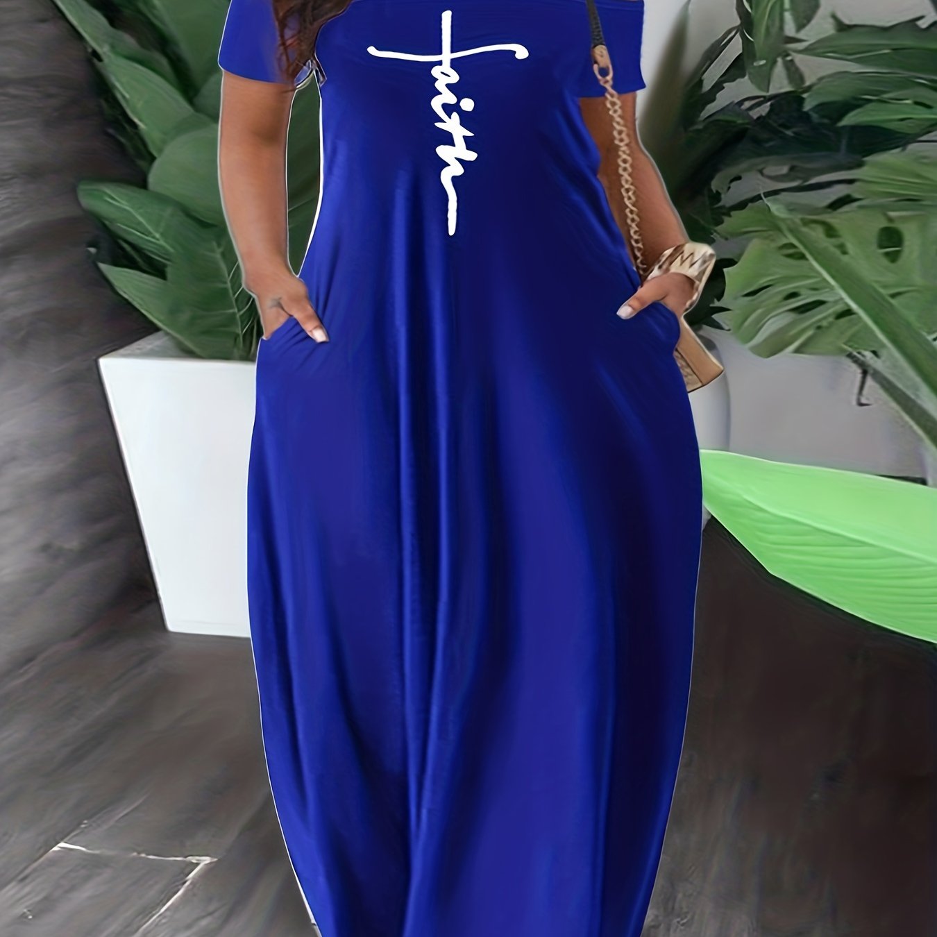 Casual Dress Cross Letter Print Off Shoulder Short Sleeve Maxi Dress With Pockets