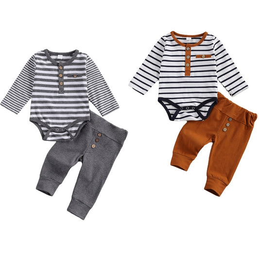 2 Pcs Baby Casual Suit Clothing Round Neck Long Sleeve Stripe Romper Button Decoration Loose Trousers