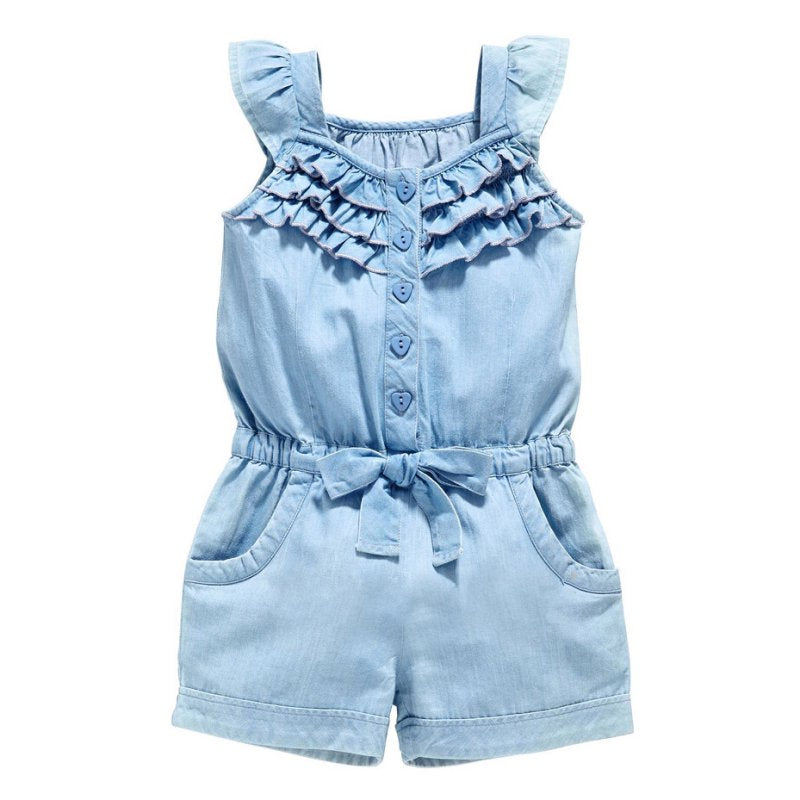 Kids Girls Clothing Rompers Denim Blue Cotton Washed Jeans Sleeveless Bow Jumpsuits