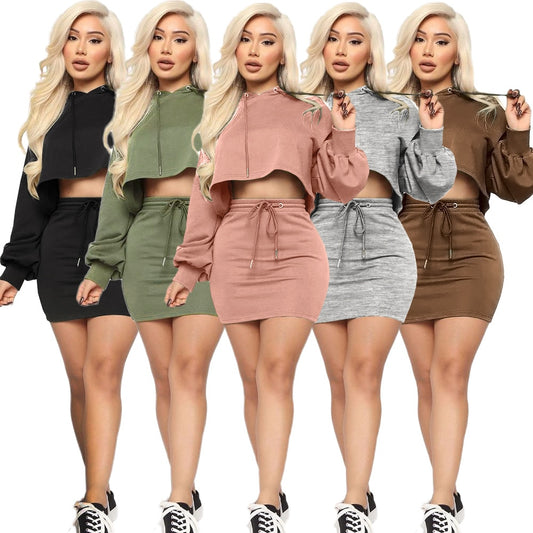 Women Hooded Skirt Two Piece Set Top +Mini Dress Tracksuit Outfits women clothing sets Solid 5 Color
