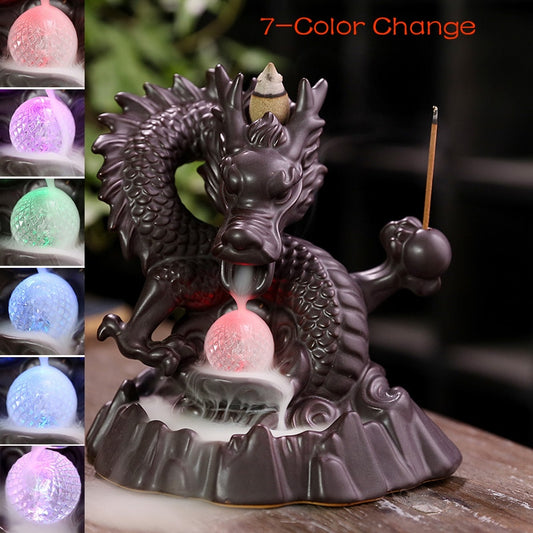 7-Color Change Incense Burner Handmade Ceramic Dragon Backflow Incense Burner Creative Smoke Waterfall Incense Holder Censer